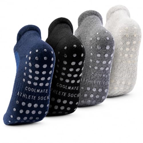 CoolMate Mens Grip Socks, Non Slip Athletic Socks for Pilates, Yoga | Grip pads keep their hold wash after wash. Soft cotton-poly blend for pilates, yoga, barre, or post-surgery recovery at home. - color: A.01 - Navy/Black/Grey/Light Grey, size: X-Large
