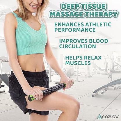 Muscle Roller Stick - Black Green - Hand Held Body Massager with 9 Rollers & Non-Slip Handles - Deep Tissue Massage & Maximum Muscle Recovery - Leg, Back, Arm, Thigh, Butt Sculpting Tool - by Cozlow - color: Black, Green