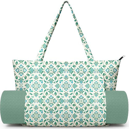 Yoga Bag for Women, Large Canvas Yoga Mat Tote Bag with Yoga Mat Carrier | Large Mat Pocket Fitness Tote for Pilates, Gym, Travel, Office & Beach - color: Green Flower