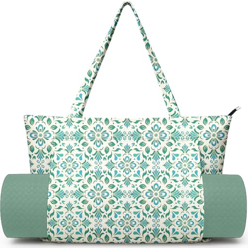 Yoga Bag for Women, Large Canvas Yoga Mat Tote Bag with Yoga Mat Carrier | Large Mat Pocket Fitness Tote for Pilates, Gym, Travel, Office & Beach - color: Green Flower