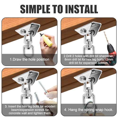 2 Packs Swing Hanger 304 Stainless Steel 1763lbs Capacity Heavy Duty Swing Hardware Set Ceiling Mount Swivel Swing Hook for Hammock Chair, Swing Hanger, Punching Bag,Yoga Outdoor and Indoor