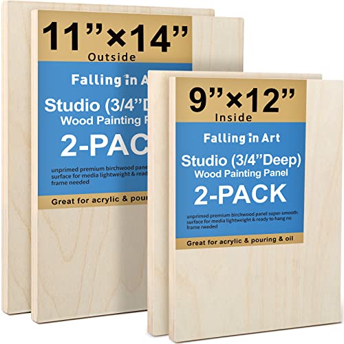 Falling in Art 4 Pack 11x14 & 9x12 Unfinished Birch Wood Canvas Panels Kit | Studio 3/4’’ Deep Cradle Boards for Painting, Pouring, Burning, Crafts, Epoxy Resin, Laser Engraving Cutting - size: 9*12 11*14 2-Pack