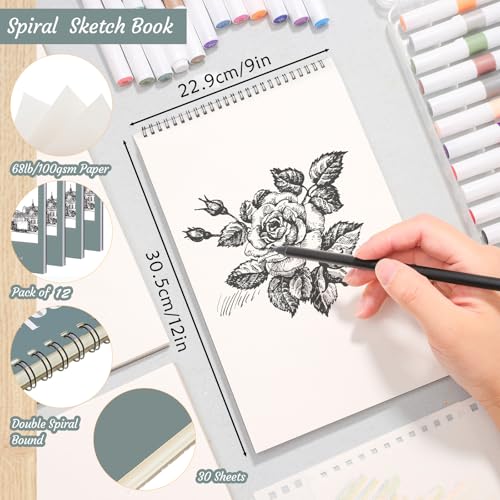 12 Pack Sketch Books 9 × 12 in, Top Spiral, 30 Sheets, Acid Free Paper | 100gsm Paper, Hardcover with Rigid Backboard, Lay-Flat Top Spiral, for Pencil, Charcoal, Ink & Sketching - color: Light Cyan, size: 9 × 12Inch（12 Pack）