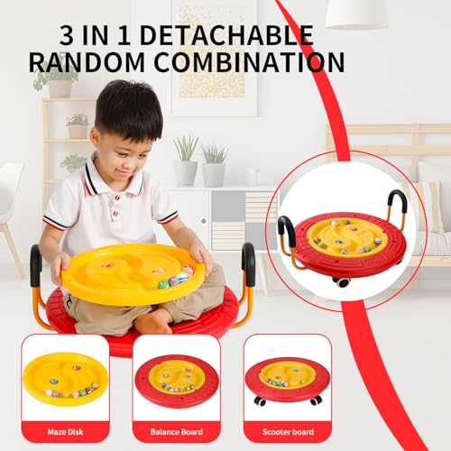 3-In-1 Balance Scooter Board for Kids，Plastic Wobble Balance Board Rocker Maze with Handles, 5 Balls, Toddler Floor Scooter Boards for Sensory Training, Physical Therapy - color: Red