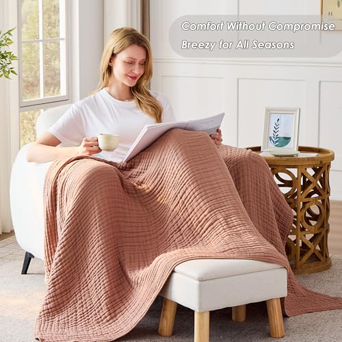 VANJOROY 9-Layer Muslin Throw Blanket 50" x 70" Coffee, 100% Cotton Organic Breathable Lightweight Large Throw for Couch Bed Quilt and Bedspread - All Season Muslin Soft Gauze Blanket - color: Coffee, size: Large Throw (50" x 70")