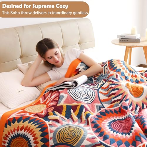 VANJOROY Boho Throw Blanket, 100% Organic Muslin Cotton Skin-friendly Breathable Ultra Soft Bed Quilt Throw - All Season Bohemian Decor Luxury Colorful Blanket for Sofa Couch Chair and Gift. 91" x 98" - color: Colorful, size: King (91" X 98")