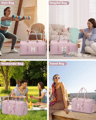 Women Weekender Travel Duffle Bag: Initial Duffel Overnight Bags with Shoe Compartment Large Carry on Tote with Toiletry Bag Weekend Traveling Yoga Gym Hospital Bag for Women with Wet Pocket Letter M - color: 18-Pink Letter M, size: Large