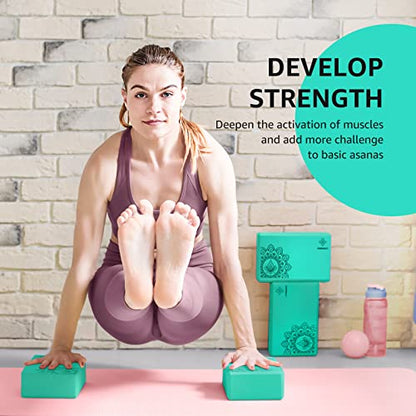 Overmont Yoga Block 2 Pack Supportive Latex-Free EVA Foam Soft Non-Slip Surface for General Fitness Pilates Stretching and Meditation 9"x6"x3" Yoga Strap Included - color: Green