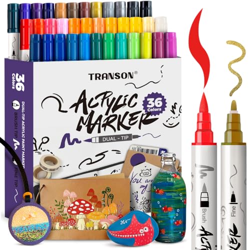 TRANSON 36 Colors Fine and Brush Dual-tip Acrylic Paint Marker Pen Set for Canvas Rock Wood Leather Ceramic DIY Painting - color: 36 Colors