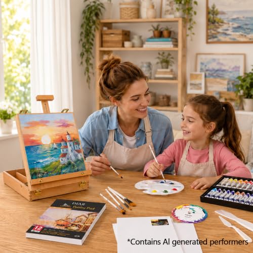 DJAR 49 Pcs Acrylic Paint Set with Tabletop Easel & Canvas, 24 Colors | Complete Art Supplies Kit with Canvas Panels, Brushes and Painting Pads, Painting Set for Kids, Beginners, Adults and artists - style: Tabletop Easel Set