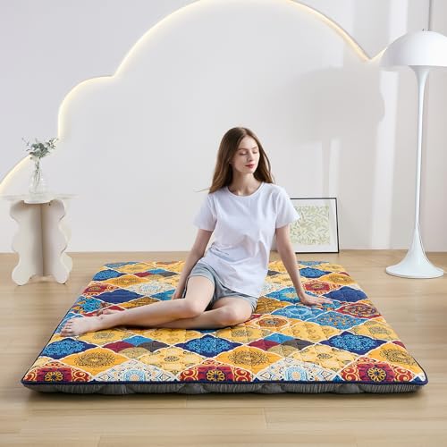 Zelladorra Japanese Floor Mattress, Anti-Slip Japanese Futon | Portable Floor Mattress, Roll Up Sleeping Mat with Storage Bag, ideal for Guests and Camping, Boho Orange Checkered - color: Boho Orange Checkered, size: Queen (80"L x 60"W)