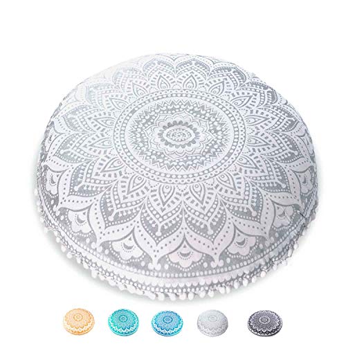 Mandala Life ART Yoga Decor Floor Cushion Cover - Round Meditation Pillow Case - Hand Printed Organic Cotton Pouf - color: Silver Lotus