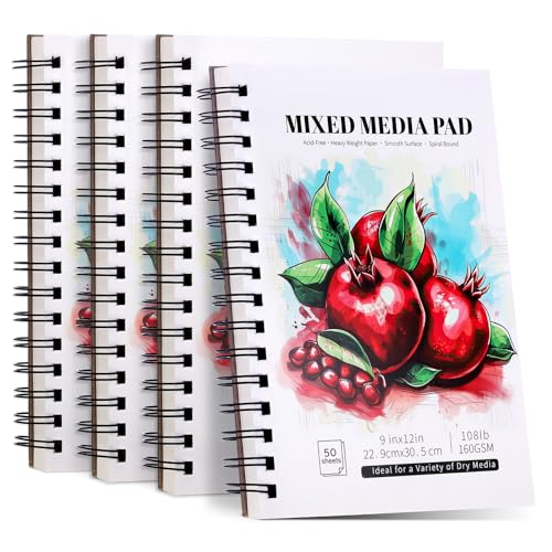 4 Pack Mixed Media Sketchbook 9×12 in, Spiral Bound, 200 Sheets Sketch Pads | 160gsm Acid-Free Paper, Flat-Lay Spiral Design, for Dry Media, Mixed-Media Project & Back-to-School Gifts - color: fruit, size: 9 x 12 inch (4 pack)