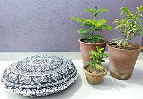 24" Black white Elephant Flower Mandala Barmeri Large Floor Pillow Cover Cushion Meditation Seating Ottoman Throw Cover Hippie Decorative Zipped Bohemian Pouf Ottoman Pom Pom Cases 24 " round - color: Black and White, style: 24 Inch Round