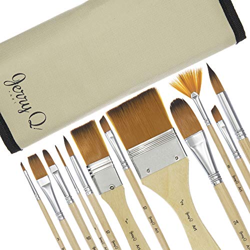 24 Pcs Artist Paint Brush Set with Free Carry Pouch for Watercolor, Acrylic, Oil and All Media, Suitable for Canvas, Paper, Ceramic, Golden Nylon Hair, Wood Handles JQ-B24