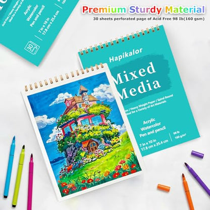Mixed Media Sketchbook 7"x10" Multimedia Sketchbook, 30 Sheets Sketch Book | Top Spiral Bound Sketch Book, 98lb/160gsm Mixed Media Paper, Watercolor Paper Sketch Pads for Drawing, Painting, Art Supplies - size: 7" x 10"