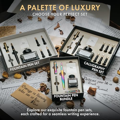 Wordsworth & Black Fountain Pen Gift Set, Medium & Extra Fine Nib, Rainbow | For Men & Women, Brass Body, 18K German Iridium, Ink Bottle + 6 Cartridges, Converter, Writing & Calligraphy, Journaling - color: Rainbow