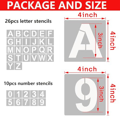 4 Inch Letter Stencils and Numbers, 36 Pcs Alphabet Art Craft Stencil, Reusable Plastic Templates for Wood, Wall, Fabric, Rock, Signage (4 Inch) - size: 4 Inch