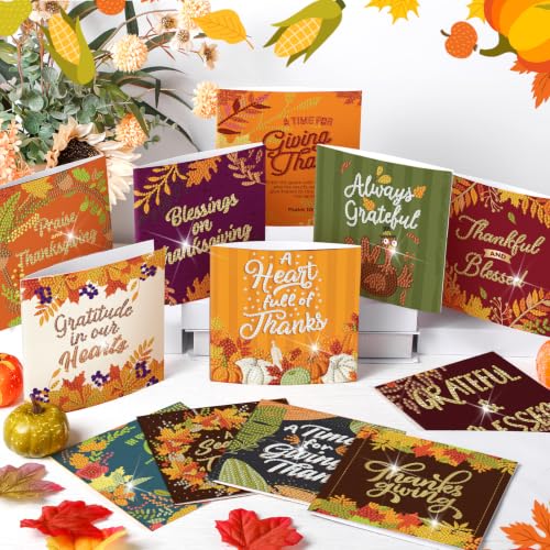 Saillong 12 Pack Fall Thanks Diamond Painting Greeting Card Kits DIY Thanksgiving Diamond Art Cards with Envelope Maple Leaves 5D Rhinestones Paint Card for Adults DIY Crafts Family Friend Autumn Gift - color: Thanksgiving