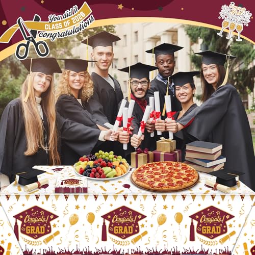 Kinlop 3 Pcs Graduation Tablecloths Class of 2026 Graduation Party Decoration Supplies 51" x 108" Plastic Congrats Grad Table Covers Disposable Graduate Tablecloths(Maroon, Gold) - color: Maroon, Gold