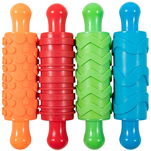 READY 2 LEARN Paint and Dough Texture Rollers, Set of 4 | Patterned Rolling Pins for Kids, Craft Accessories and Art Tools, Original Colors - style: Original Colors