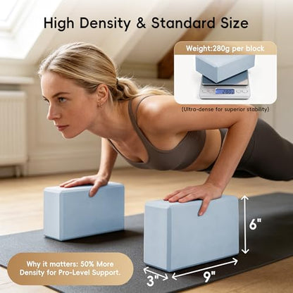 High Density EVA Yoga Blocks 2 Pack, 280g Pro-Level Exercise Brick (46-50 Shore C Firmness), Odor-Free & Non-Slip Foam Props for Yoga, Pilates & Stretching - color: ice blue