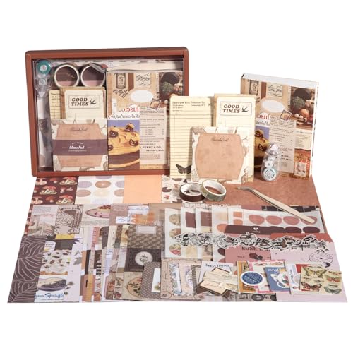 Upgraded Scrapbook Photo Album Supplies Kit with Tweezers and Glue Tape – Vintage Aesthetic Junk Journal Kit, Large Scrapbooking Paper, Sticker Pack, Notebook, DIY Craft, Gift for Adults (Goodtime) - color: Goodtime