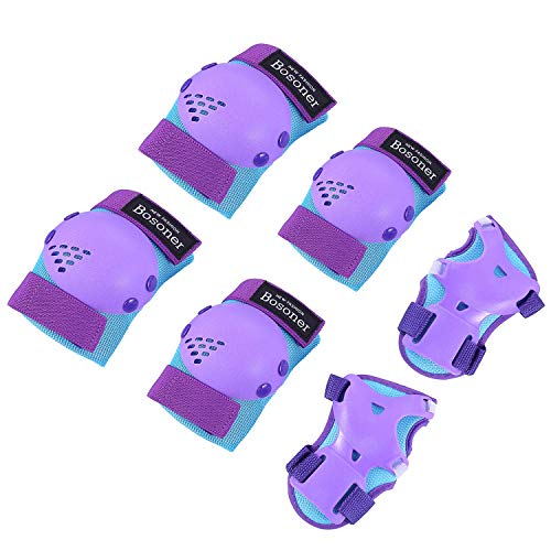 BOSONER Kids/Youth Knee Pad Elbow Pads for Roller Skates Cycling BMX Bike Skateboard Inline Rollerblading, Skating Skatings Scooter Riding Sports - color: Blue / Purple, size: Medium(6-15 years)