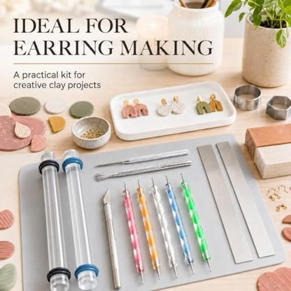 DIYOOHOMY 18 Pcs Polymer Clay Tools Kit, Rolling Pin with Thickness Rings | Air Dry Clay Jewelry Earring Making Set Sculpting, Small Acrylic Roller, Dotting, Tissue Blades Cutters Craft Knife, Needle - color: 14 Pcs