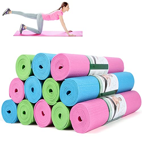 Amylove 12 Pieces Yoga Mats Bulk 68x24x0.12 Inch Exercise Non Slip Fitness Workout Mats for Women Men Home Workout Gym Yoga - color: Green, Pink, Light Blue