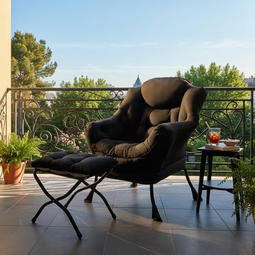 Tiita Lazy Chair with Ottoman, Comfy Reading Accent Chair, Black | Foldable Footrest, Padded Seat and Backrest, Side Pocket for Lounging in Living Rooms, Bedrooms, Dorms and Small Spaces - color: Peach Skin Black