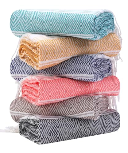 6 Packs Oversized Cotton Turkish Beach Towels Set Bulk 74"x38" Extra Large Sand Free Quick Dry Clearance Swim Bath Camping Pool Towel Travel Blanket Adult Essentials Cruise Accessories Vacation Gift - color: Coral Black Brown Mustard Navy Nile
