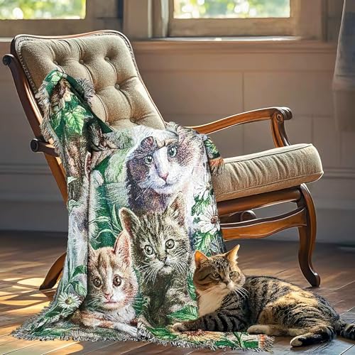 Garden Cat Flower Woven Tapestry Throw Blanket 50"x60" | Botanical Kitten wall hanging art, jacquard soft travel mat, fringe tassels, multipurpose indoor outdoor use - color: Cat