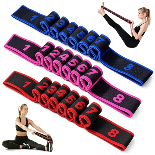 Fitness Stretch Belt, 8 Loop Resistance Band Elastic Training Strap with Numbered Markings for Full Body Workout Physical Therapy, Pilates, Dance & Home Fitness - color: Red Blue Pink