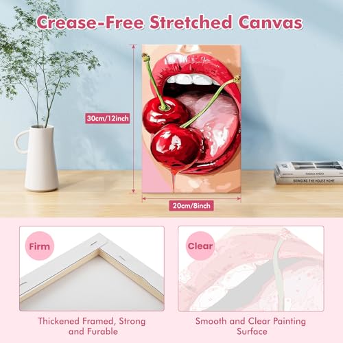 Bowetile Framed Red Lips Paint by Numbers Kit for Adults, Adults' Paint-by-Number Kits on Canvas, Painting by Numbers Cherry, Acrylic Vintage Number Painting for Home Wall Decor, 8x12in - color: Red lips and cherry