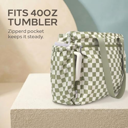 Omanmoli Beach Bag for Women Large Waterproof Sandproof Tote 40oz Holder | Anti-theft Lock & Chain,12 Pockets,2 Insulated Foil Pockets,Checkered,Cruise Travel Vacation Picnic Pool Work Gym,Checkered - color: Beige&green