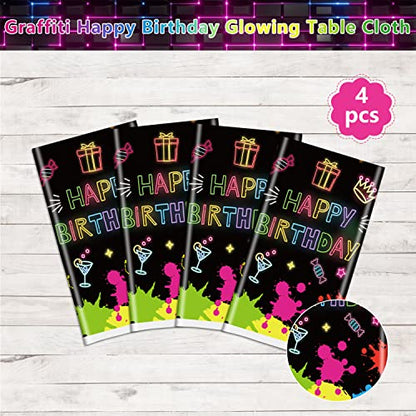 4 Pack Glow Party Table Covers Neon Tablecloths Disposable Plastic Neon Table Cloth Black Light Tablecloth Black Light Decorations Glow in The Dark Party Supplies Blacklight Decor 86 x 51 Inch