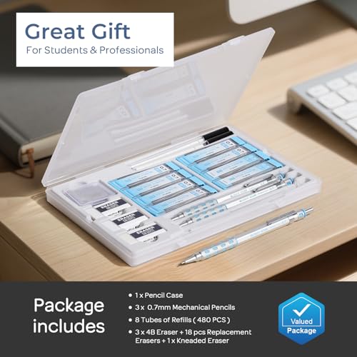 Nicpro Blocky Gear Mechanical Pencils 0.7 mm with Case, 3 Pack | Drafting Pencil with 8 Tube (480PCS) Lead Refills(HB 2B), 4 Erasers, 18 Eraser Refills for Art Writing, Sketching Drawing - style: 0.7mm