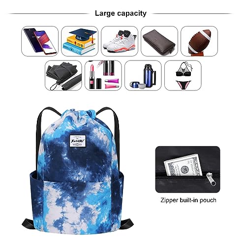 XEYOU Drawstring Backpack Bag Sport Gym Sackpack Beach Cinch Bag | Lightweight Swimming Bag, Water-Resistant Fabric, Travel Daypack for Women and Men - color: Gradient Blue White