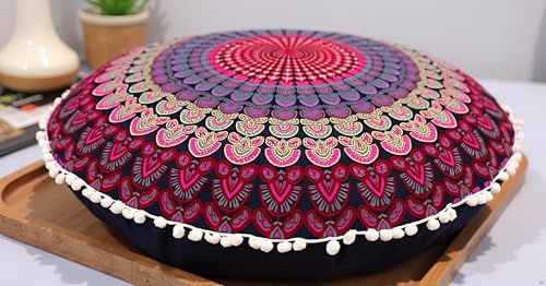 CRAFT KALA 22" Mandala Meditation Floor Pillows Cover Pouf Cover Round Seating Bohemian Mandala Cotton Floor Cushion Cover Outdoor Fireplace Seating Living Room Yoga Room Home Décor Pink - color: Pink