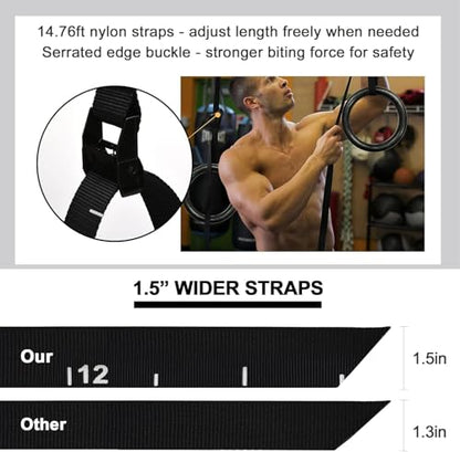 PACEARTH Gymnastic Rings 1100lbs Capacity with 14.76ft Adjustable Buckle Straps Pull Up Exercise Rings Non-Slip Rings for Home Gym Full Body Workout - color: Black