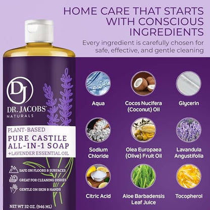 Dr. Jacobs Naturals Lavender Castile All-in-One Cleaner and Soap - Plant-Based Formula for House Cleaning Floors and Appliances - Gentle on Skin and the Planet - 32 oz, 2 Pack - size: 32 Fl Oz (Pack of 2), style: Lavender