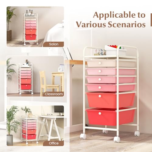 RELAX4LIFE 6-Drawer Rolling Storage Cart - Classroom Organization on Wheels w/Removable Plastic Drawers, Mobile Art Craft Cart for School Paper Home Office, Utility Cart with Drawers (Gradient Pink) - color: Gradient Pink