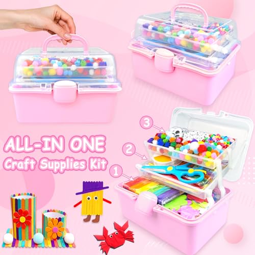 3000 Arts and Crafts Supplies for Kids Craft Kit Craft Box with Pipe Cleaners Arts and Crafts for Kids Age 4-6, 6-8, 8-12 DIY School Supplies Materials Set Toys Gifts for Girls Boys Toddlers, Pink - color: pink