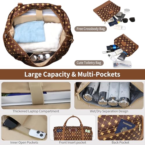 Weekender Bag, Large Travel Duffel Bag for Women, Carry on Overnight Bag with Shoe Compartment and Toiletry Bags - color: D-3PCS Coffee
