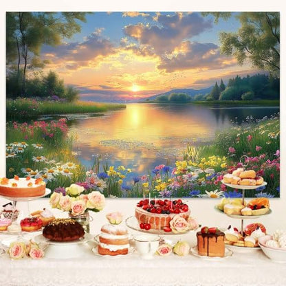 7X5ft Lake Natural Scenery Backdrop Spring Natural Scenery Flowers Landscape Mountain Forest Trees Flower Blue Sky Photography Background Picnic Camping Hiking Spring Travel Vacation Backdrop - color: Green, size: 7x5FT