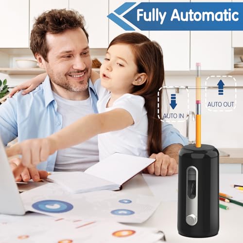 deli Electric Pencil Sharpener, Fully Automatic Pencil Sharpener, Black | Suitable for 6.9-10.8mm Colored/Jumbo Pencils, Auto in & Out, Rechargeable Hands-Free Sharpener for Classroom Home Office， - color: Black