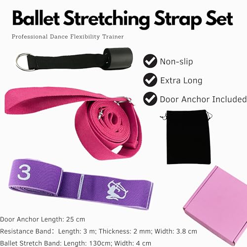 Danzcue Ballet Stretch Strap Set – Professional Dance Flexibility Trainer with Door Anchor, Extra Long Non-Slip Stretching Bands for Ballet, Jazz, Contemporary & Gymnastics - color: Rose Red+Purple