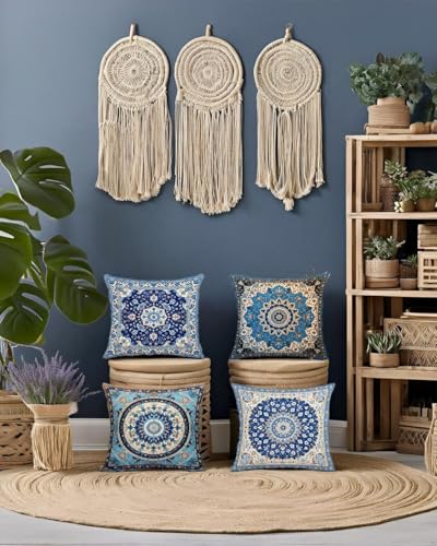 Navy Mandala Pattern Throw Pillow Covers 18x18 Set of 4 Boho Accents Decorative Throw Pillows for Couch, Sofa, Outdoor Patio Bohemian Decor - color: Blue