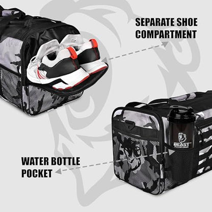 Beast Power Gear Gym Duffle Bag- Workout, Boxing, MMA, Sports Bag with Shoes Compartment and Adjustable Shoulder Strap for Men and Women (Gray Camo) - color: Gray Camo
